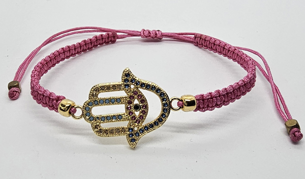 BRACCIALE FULL MACRAME' CON MEDAGLIA IN METALLO GOLD PLATED CON ZIRCONI MANO DI FATIMA CON DEVIL EYE - Image 2