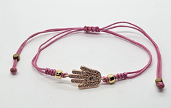 BRACCIALE TEMALI CON CORDINO COLORATO E MEDAGLIA IN METALLO GOLD PLATED CON ZIRCONI MANO DI FATIMA