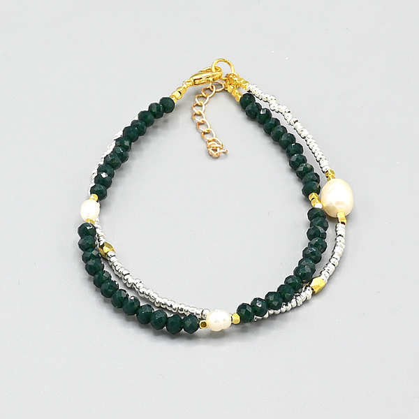 BRACCIALE 2 FILI CON MOSCHETTONE E CATENELLA GOLD PLATED REGOLABILE, PERLINE GOLD E SILVER PLATED, CRISTALLI E PERLE DI FIUME 6 E 4 MM - Image 4